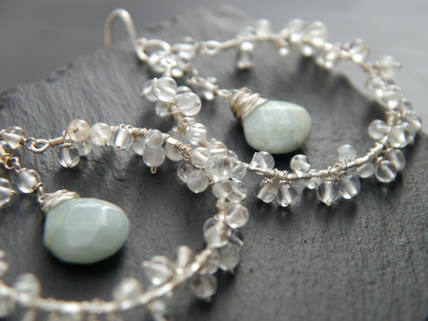 Aquamarine Chandelier Floral Hoop Gemstone Earrings, Sterling Silver Bridal Jewelry