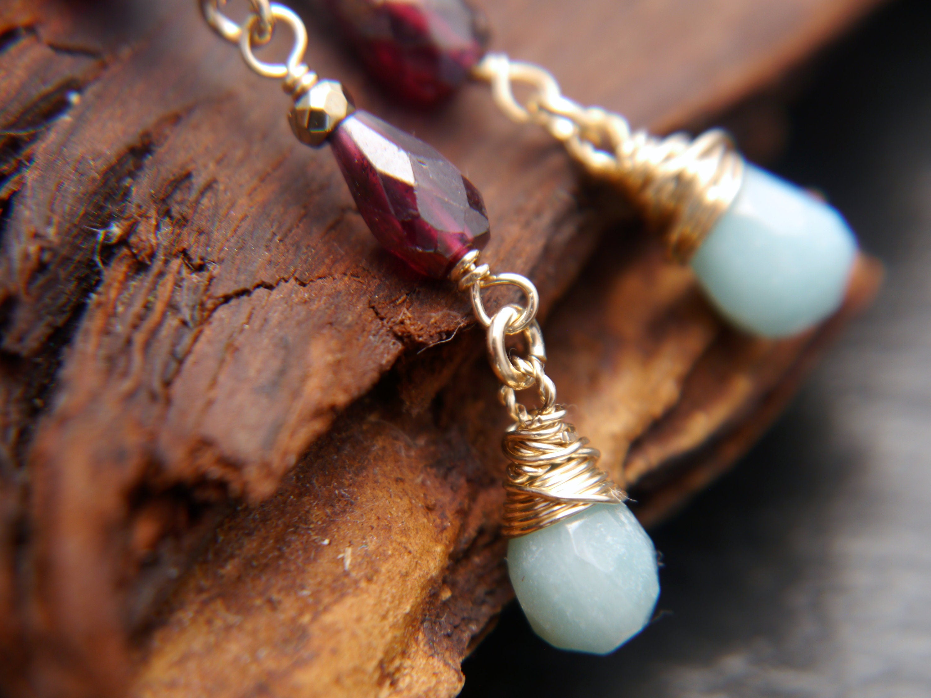 Garnet Amazonite Long Dangle Teardrop Gemstone Earrings, 14K Gold Filled Art Deco