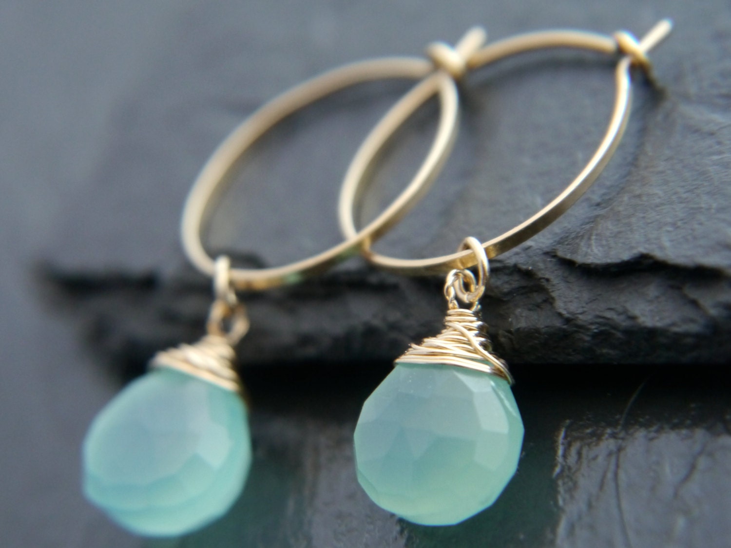 Aqua Chalcedony Heart Briolette Hoop Gemstone Earrings, 14K Gold Filled Classic