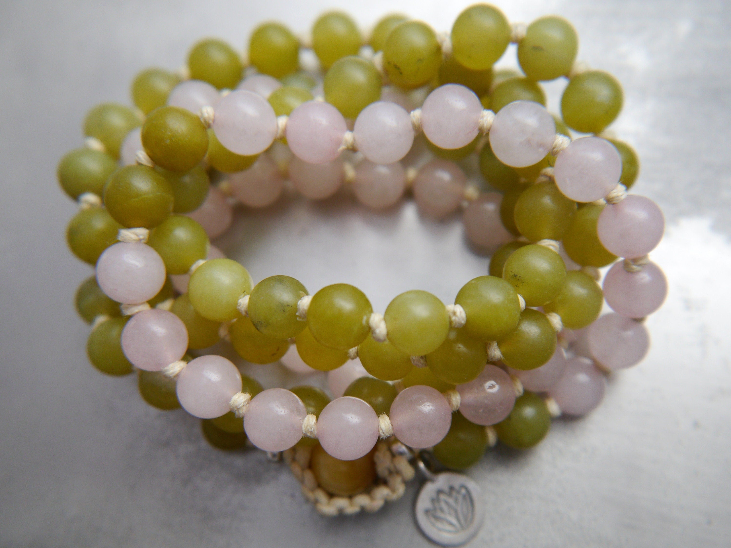 Rose Quartz Serpentine Mala Beads, 108 Gemstone Beads, Wrap, Hand Knotted