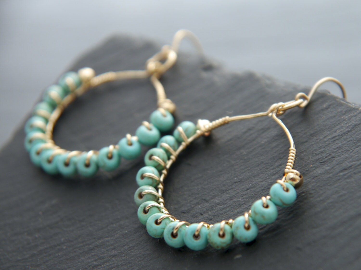 Turquoise Magnesite Hammered Texture Hoop Gemstone Earrings, 14K Gold Filled Summer Style
