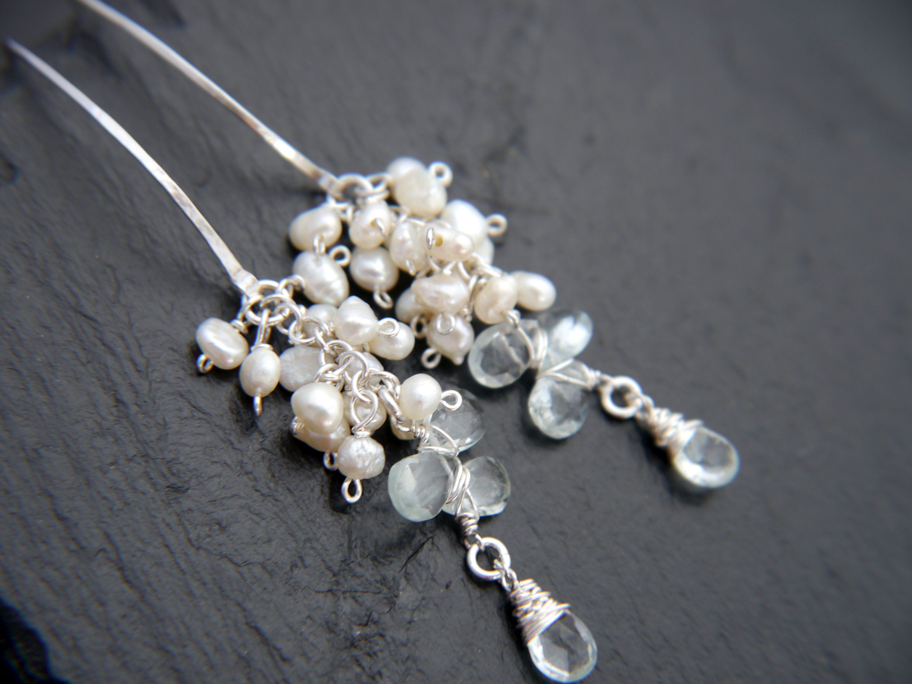 Aquamarine Pearl Long Dangle Floral Vine Gemstone Earrings, Sterling Silver Bridal
