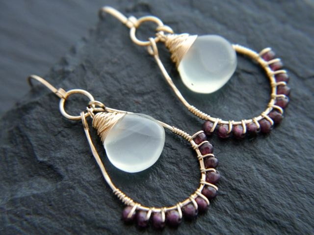 Garnet Aqua Chalcedony Briolette Teardrop Gemstone Earrings, 14K Gold Filled