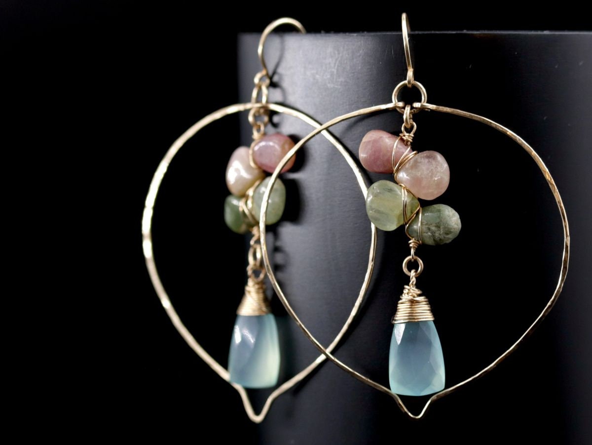 Aqua Chalcedony Tourmaline Floral Chandelier Gemstone Earrings, 14K Gold Filled
