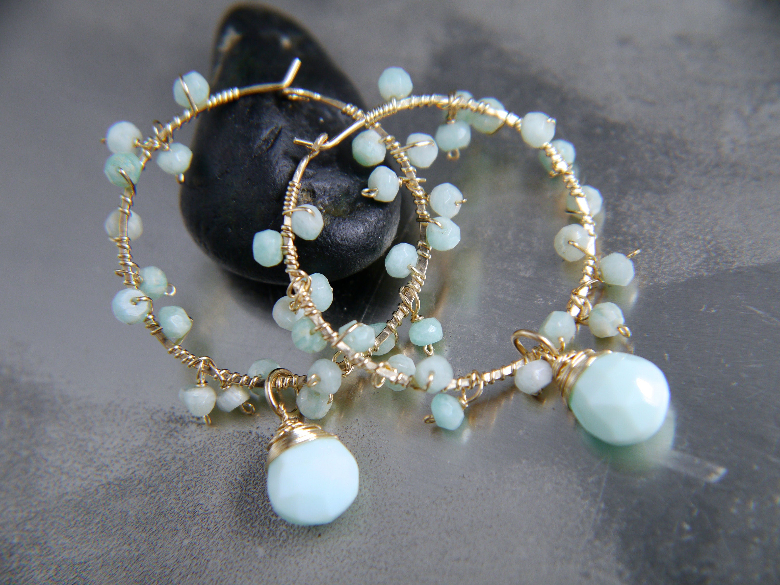 Amazonite Blue Opal Garland Earrings, 14K Gold Filled Floral Drape, Nature Inspired Statement