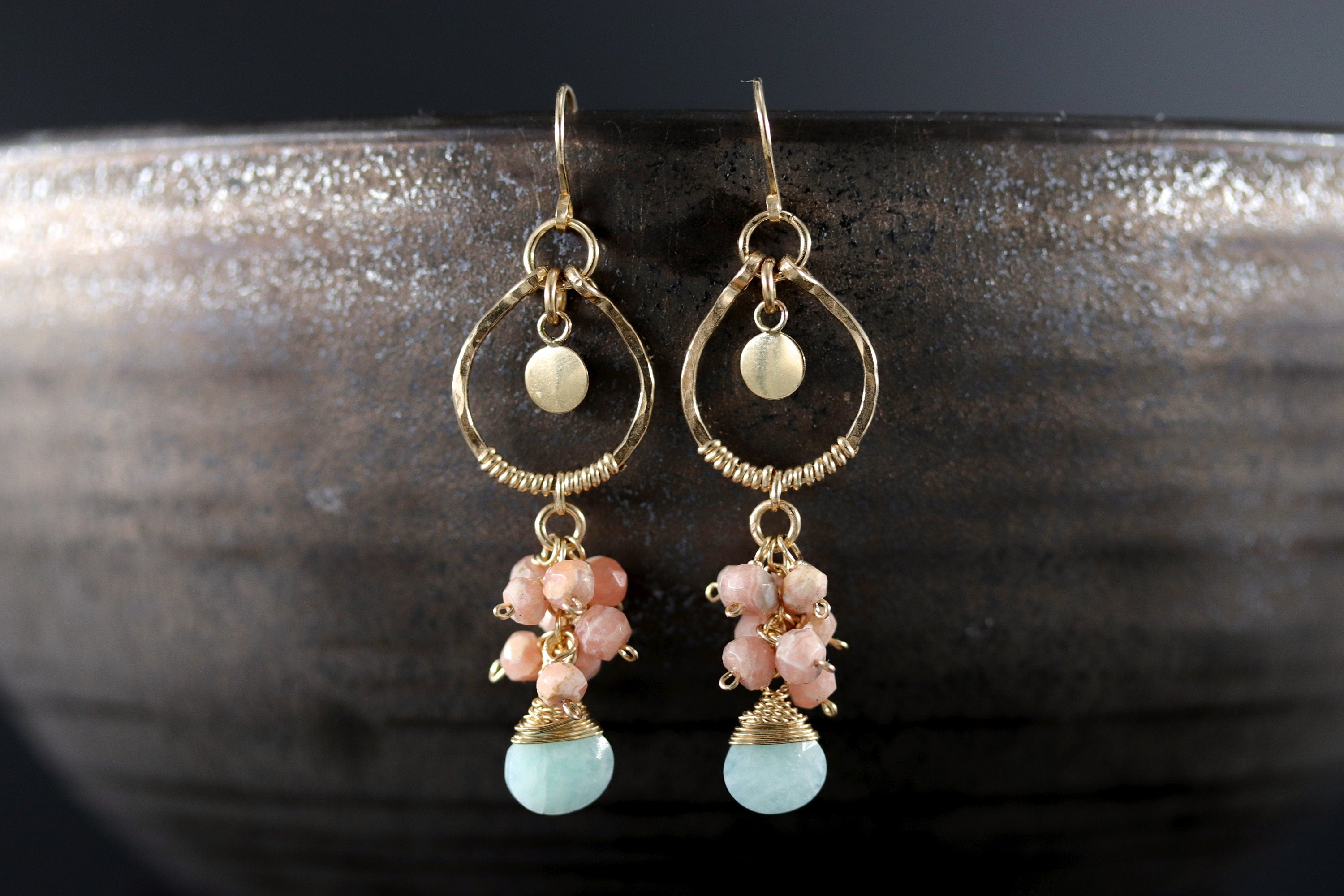 Amazonite Rhodonite Cluster Earrings, 14K Gold Filled Floral Dangle, Romantic Statement