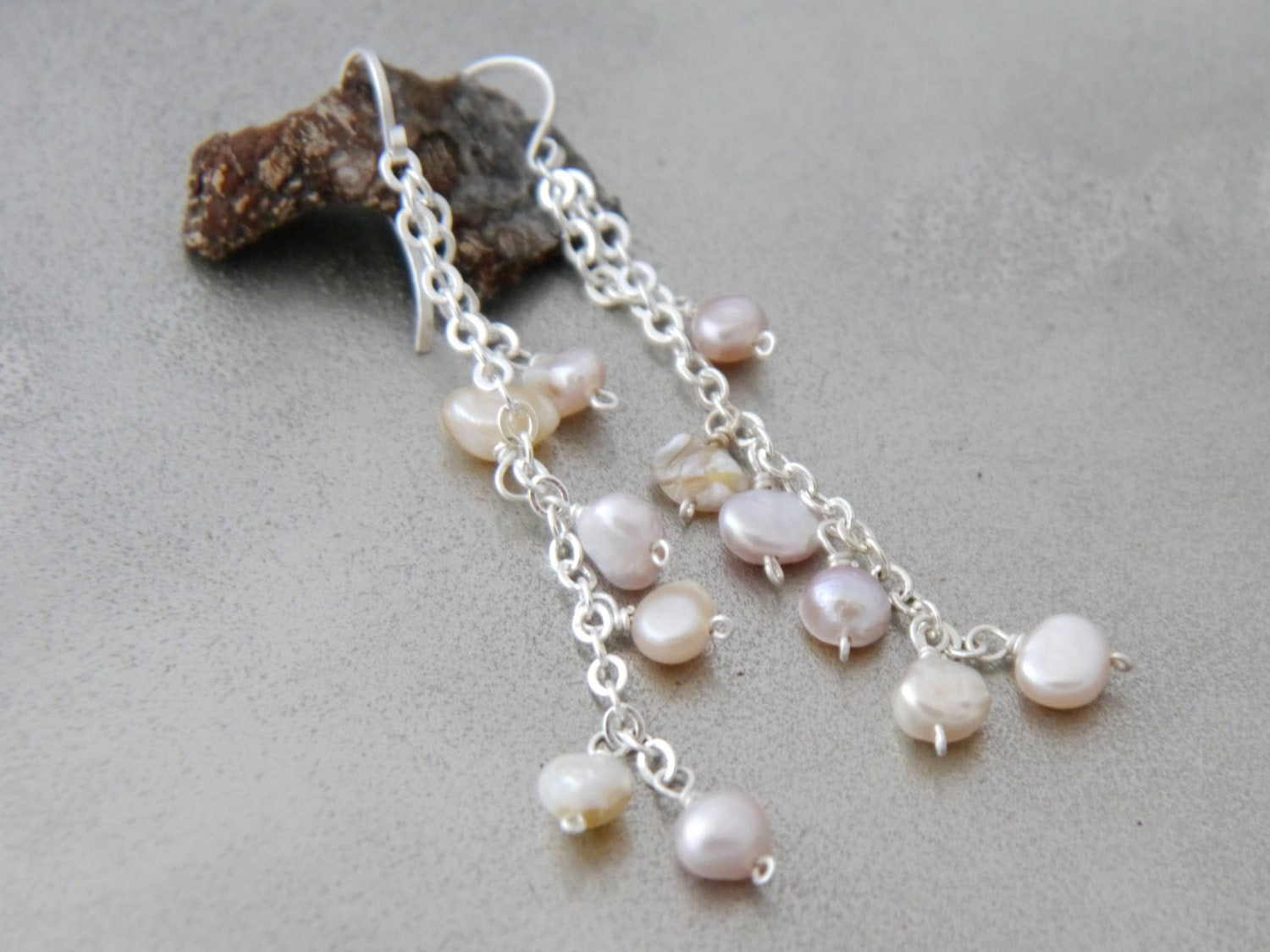 Freshwater Pink Pearl Blossoming Floral Long Dangle Gemstone Earrings, Sterling Silver, Bridal