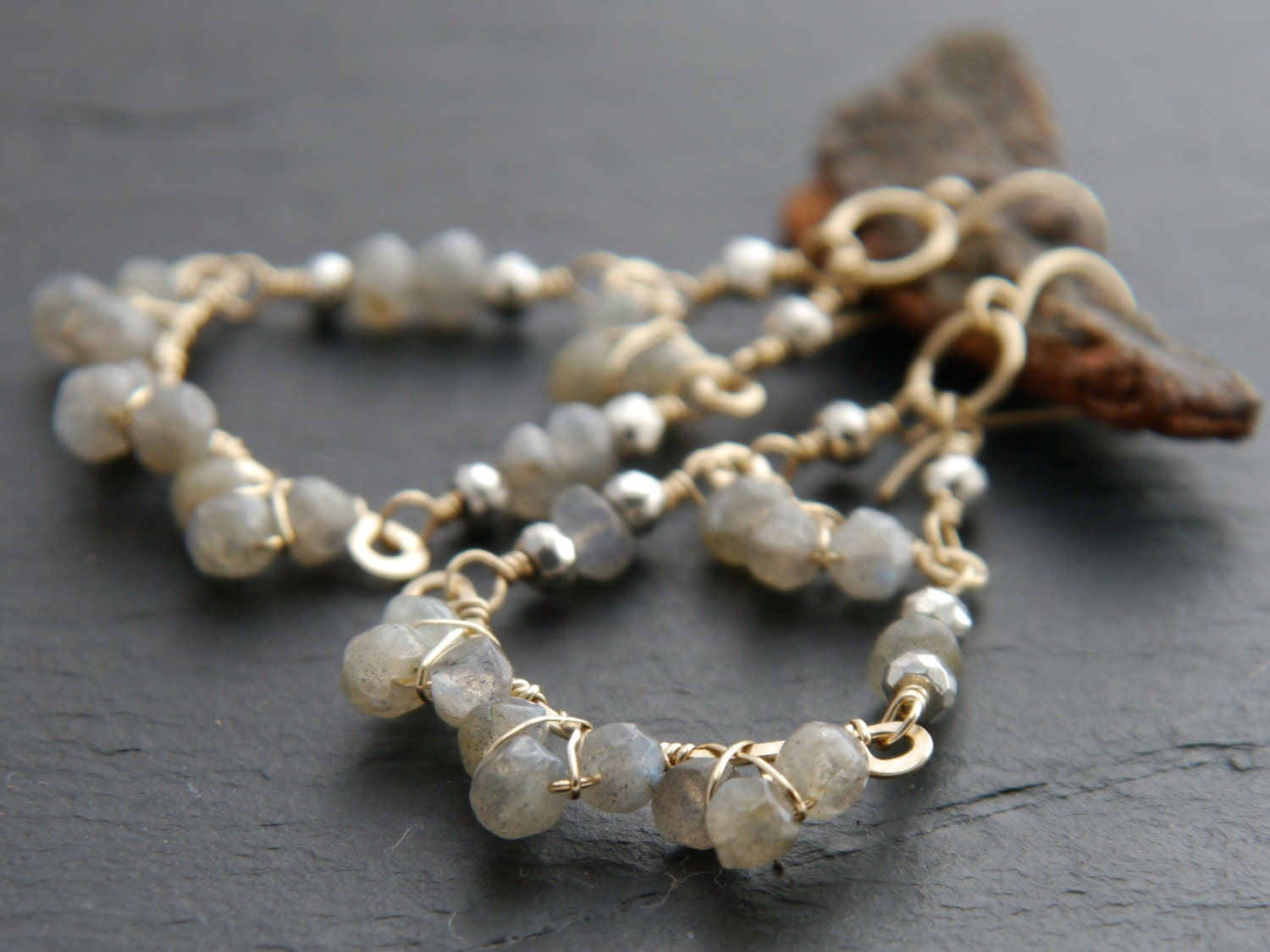 Labradorite Pyrite Chandelier Gemstone Earrings, 14K Gold Filled Bohemian Bridal Jewelry