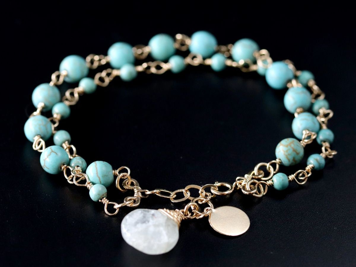 Turquoise Magnesite Aquamarine Layering Gemstone Bracelet – 14K Gold Filled Chain, March Birthstone