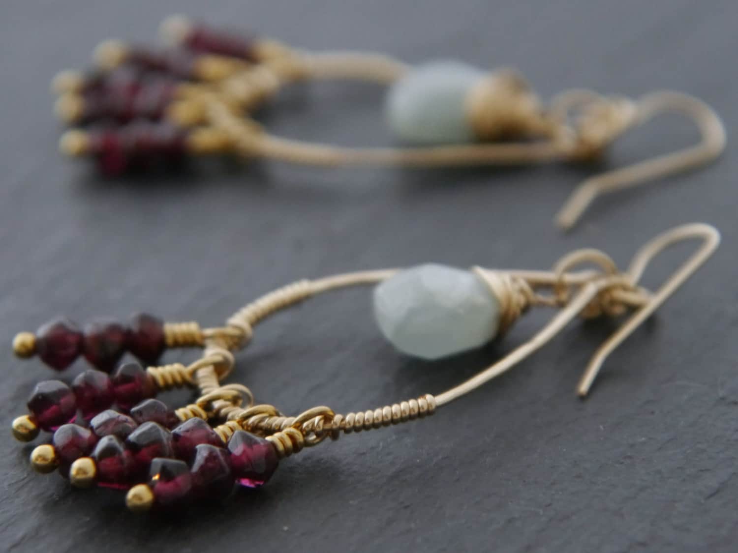 Garnet Aquamarine Art Deco Chandelier Gemstone Earrings, 14K Gold Filled Heirloom