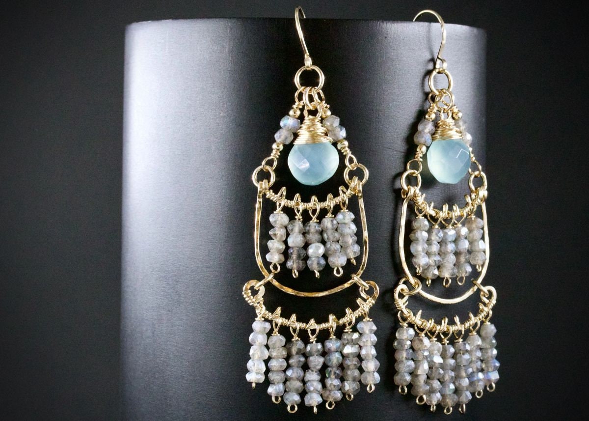 Aqua Chalcedony Labradorite Chandelier Gemstone Earrings, 14K Gold Filled Bohemian Wedding Jewelry