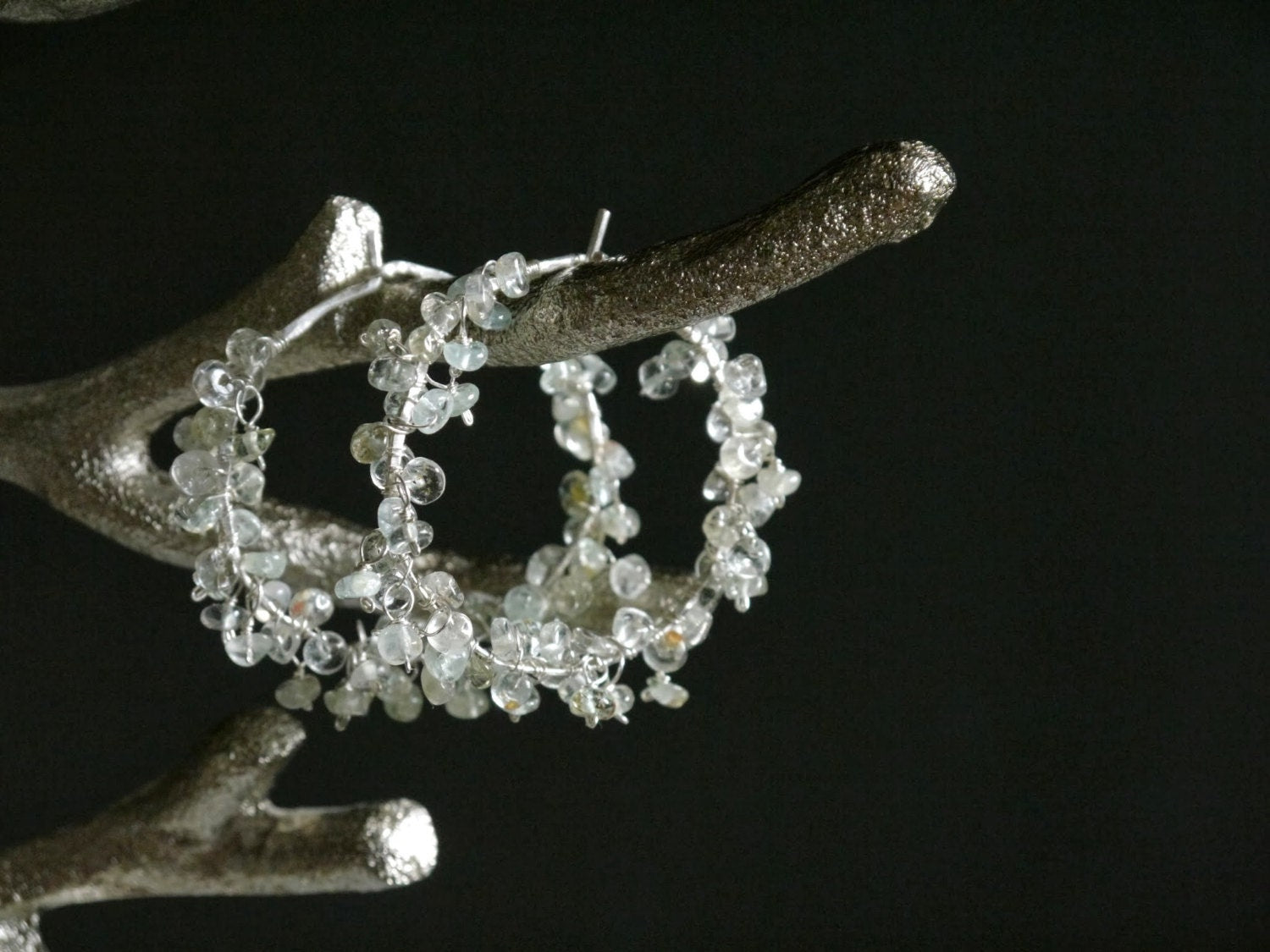 Aquamarine Floral Hoop Gemstone Earrings, Sterling Silver, Garden Wedding