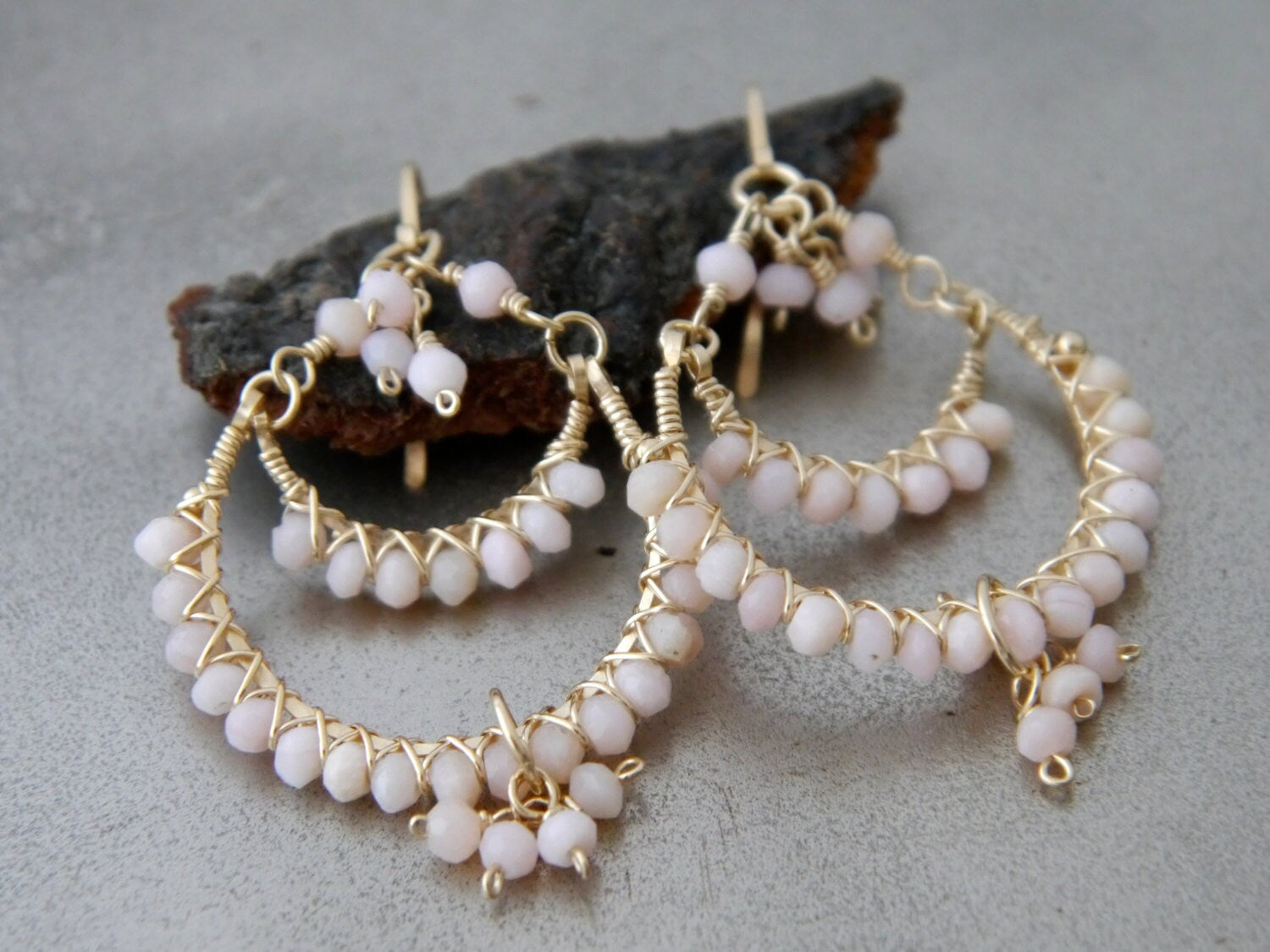 Pink Opal Romantic Chandelier Hoop Gemstone Earrings, 14K Gold Filled Ethereal Bride