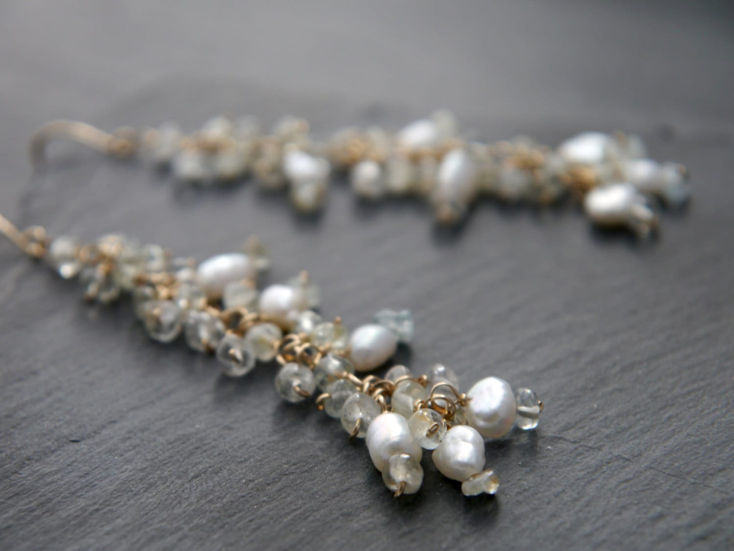 Pearl Aquamarine Long Dangle Floral Cluster Gemstone Earrings, 14K Gold Filled Bridal