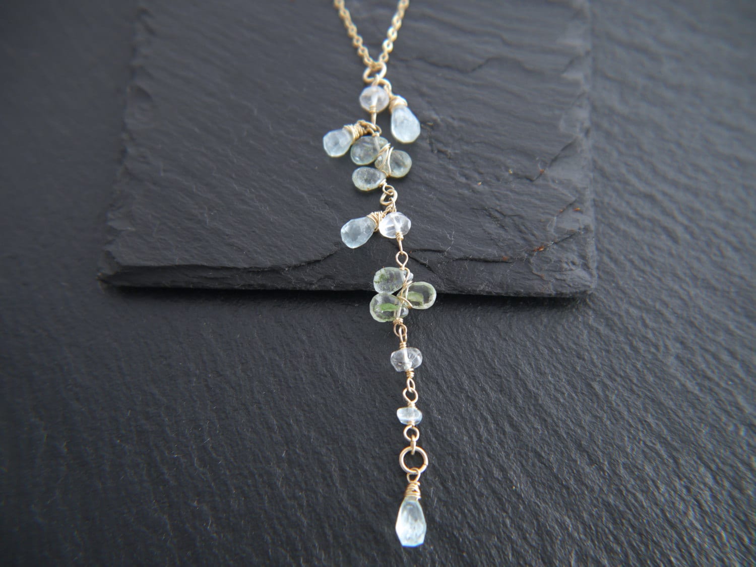 Wire Wrapped Aquamarine Briolette Lariat Y Gemstone Necklace, 14K Gold Filled, Bridal