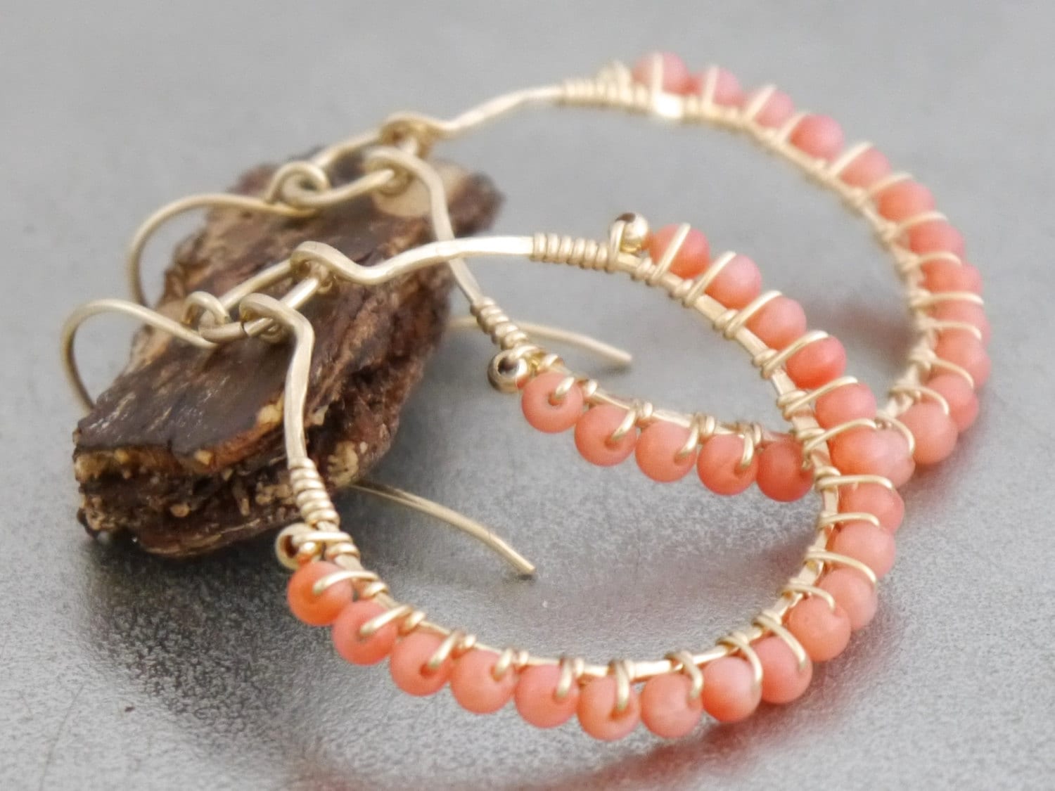 Coral Hoop Gemstone Earrings, 14K Gold Filled Bohemian Style