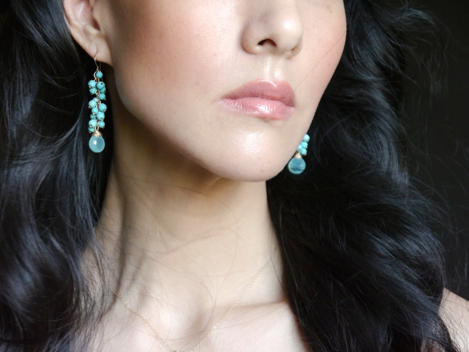 Aqua Chalcedony Turquoise Cluster Dangle Gemstone Earrings, 14K Gold Filled