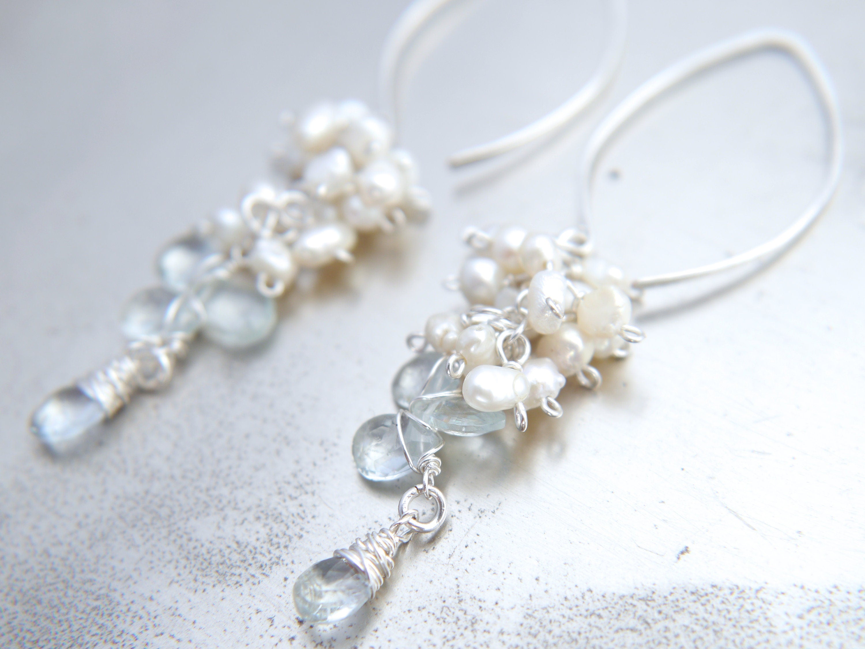 Aquamarine Pearl Long Dangle Floral Vine Gemstone Earrings, Sterling Silver Bridal