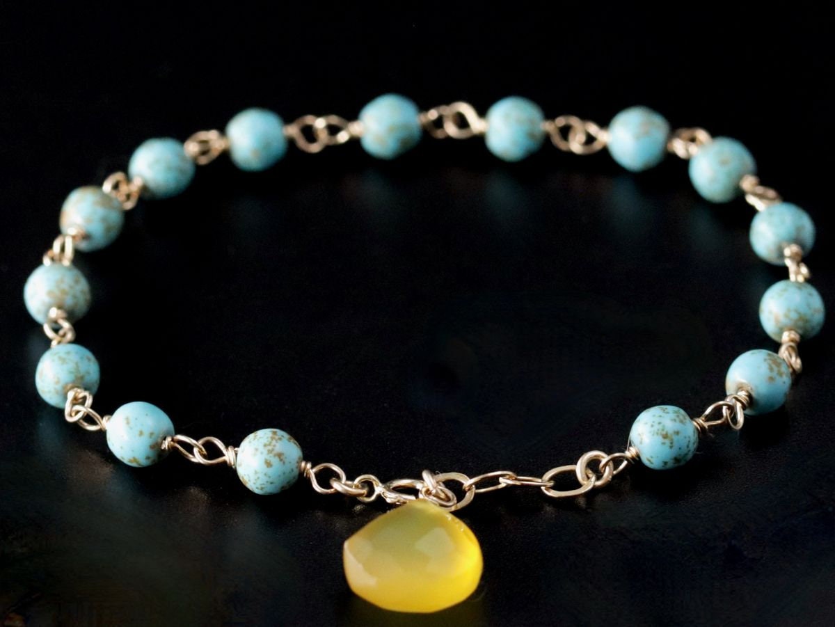 Turquoise Magnesite Yellow Chalcedony Gemstone Bracelet, 14K Gold Filled Rosary Chain, Minimalist Jewelry