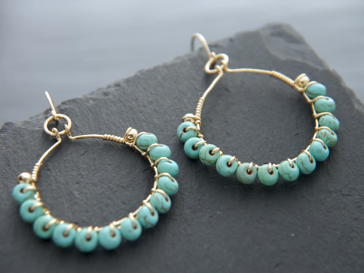 Turquoise Magnesite Hammered Texture Hoop Gemstone Earrings, 14K Gold Filled Summer Style