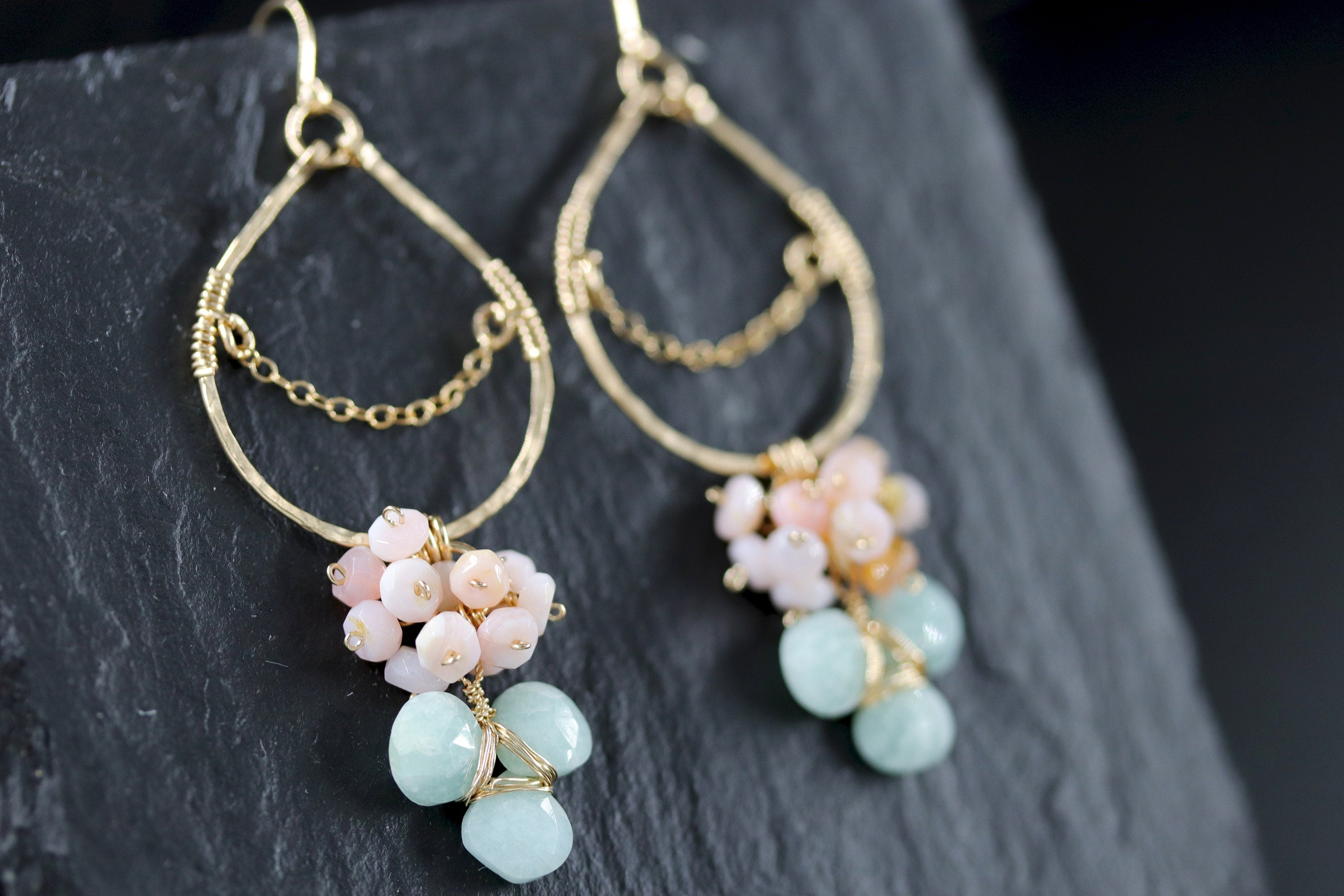 Pink Opal Amazonite Floral Chandelier Gemstone Earrings, 14K Gold Filled Botanical Wedding