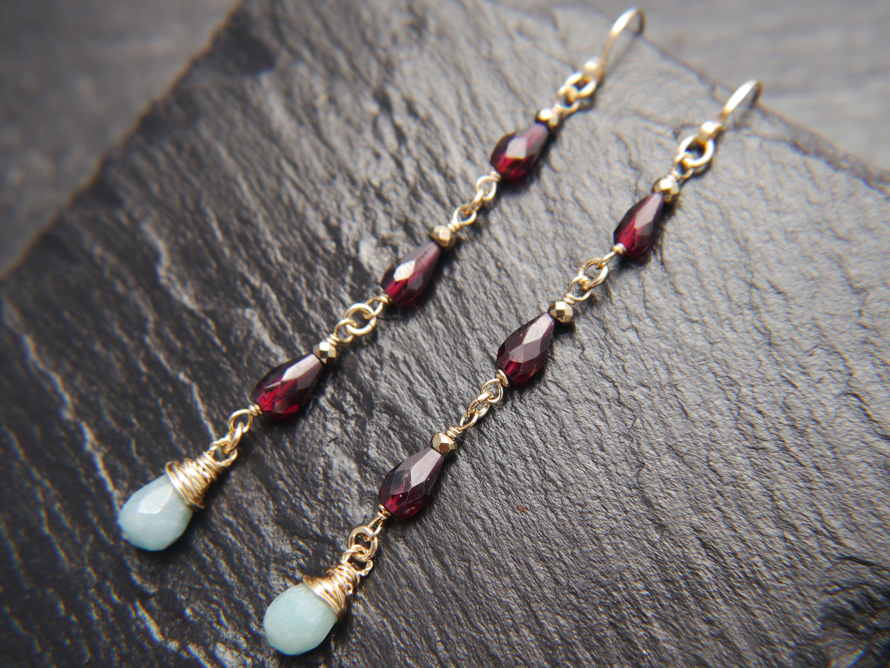 Garnet Amazonite Long Dangle Teardrop Gemstone Earrings, 14K Gold Filled Art Deco