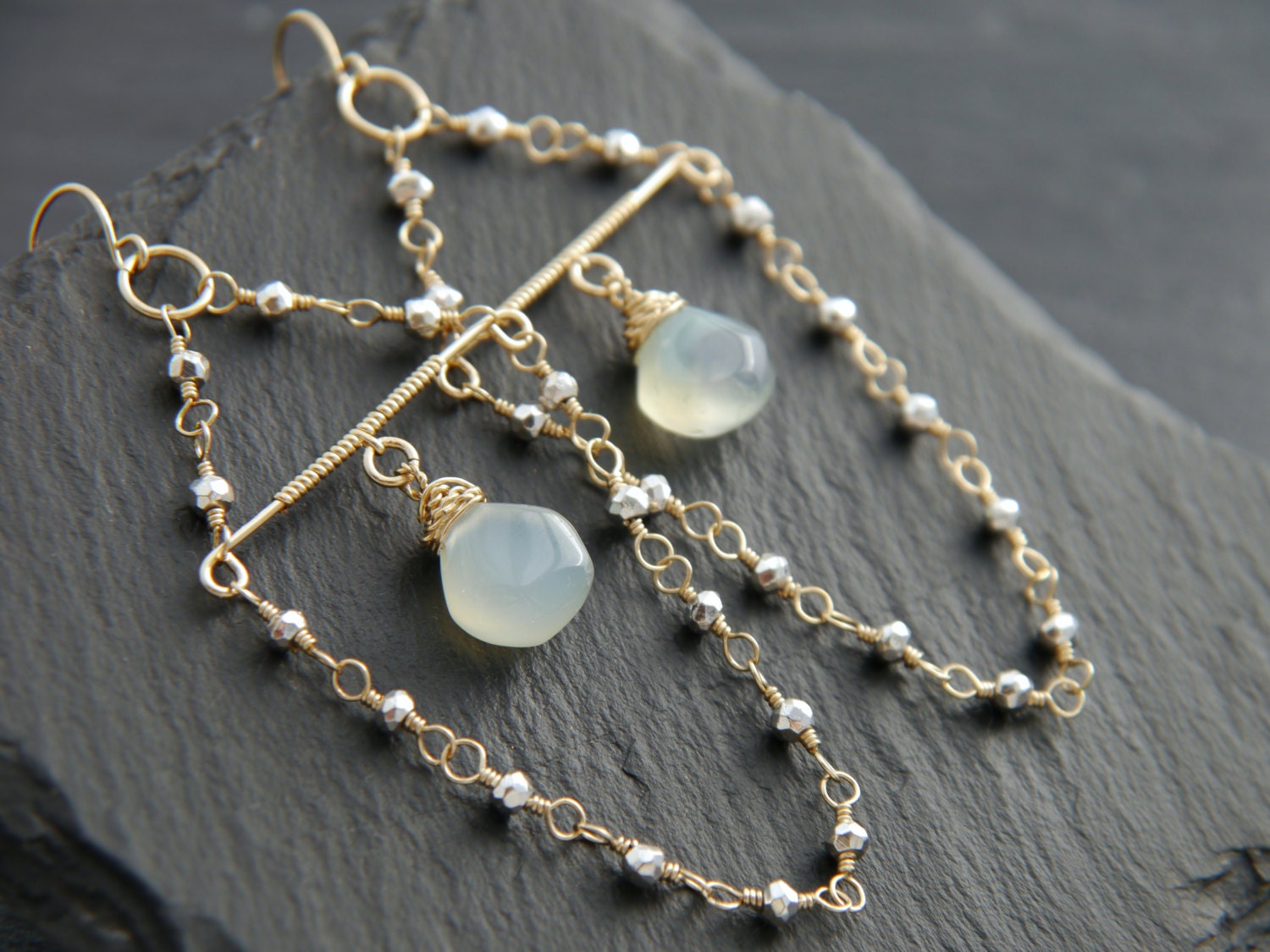 Aqua Chalcedony Chandelier Gemstone Earrings, 14K Gold Filled Bohemian Style
