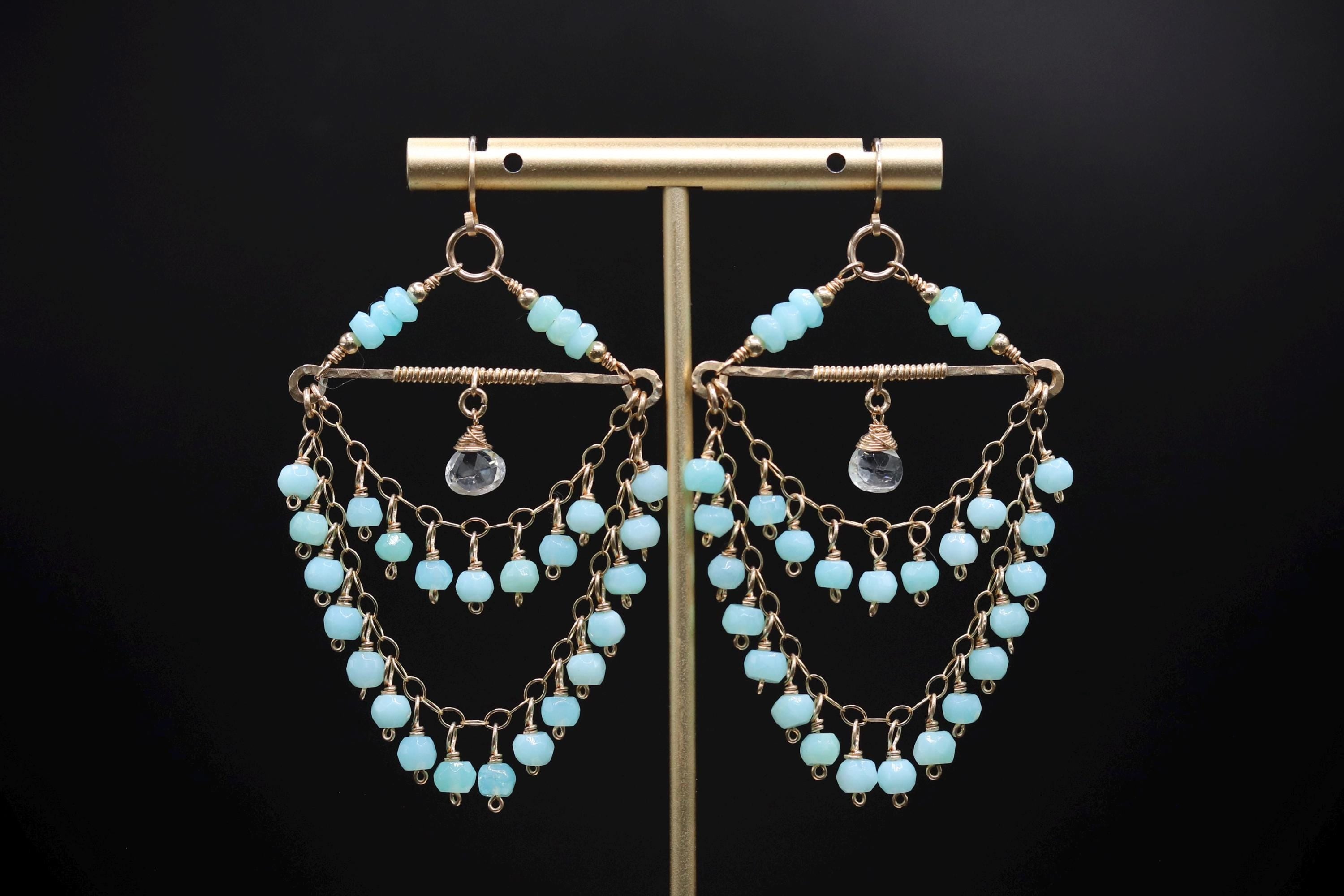 Peruvian Blue Opal Tiered Fringe Chandelier Earrings, 14K Gold Filled Statement Bohemian Wedding Jewelry
