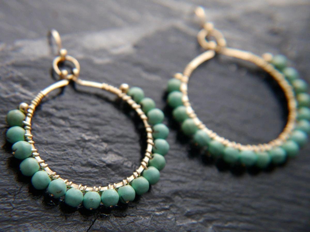 Turquoise Magnesite Hoop Gemstone Earrings, 14K Gold Filled Summer Style
