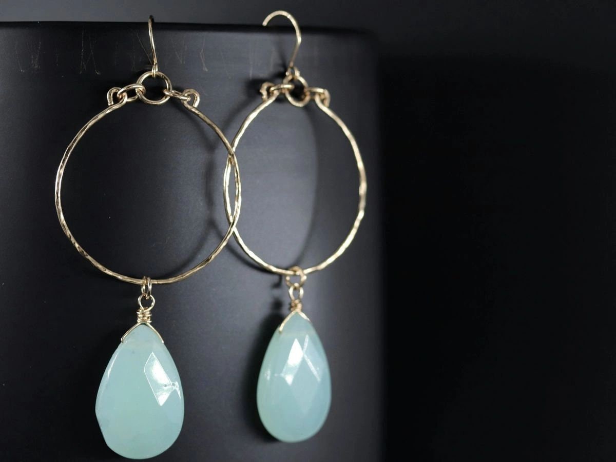 Aqua Chalcedony Teardrop Hoop Gemstone Earrings, 14K Gold Filled