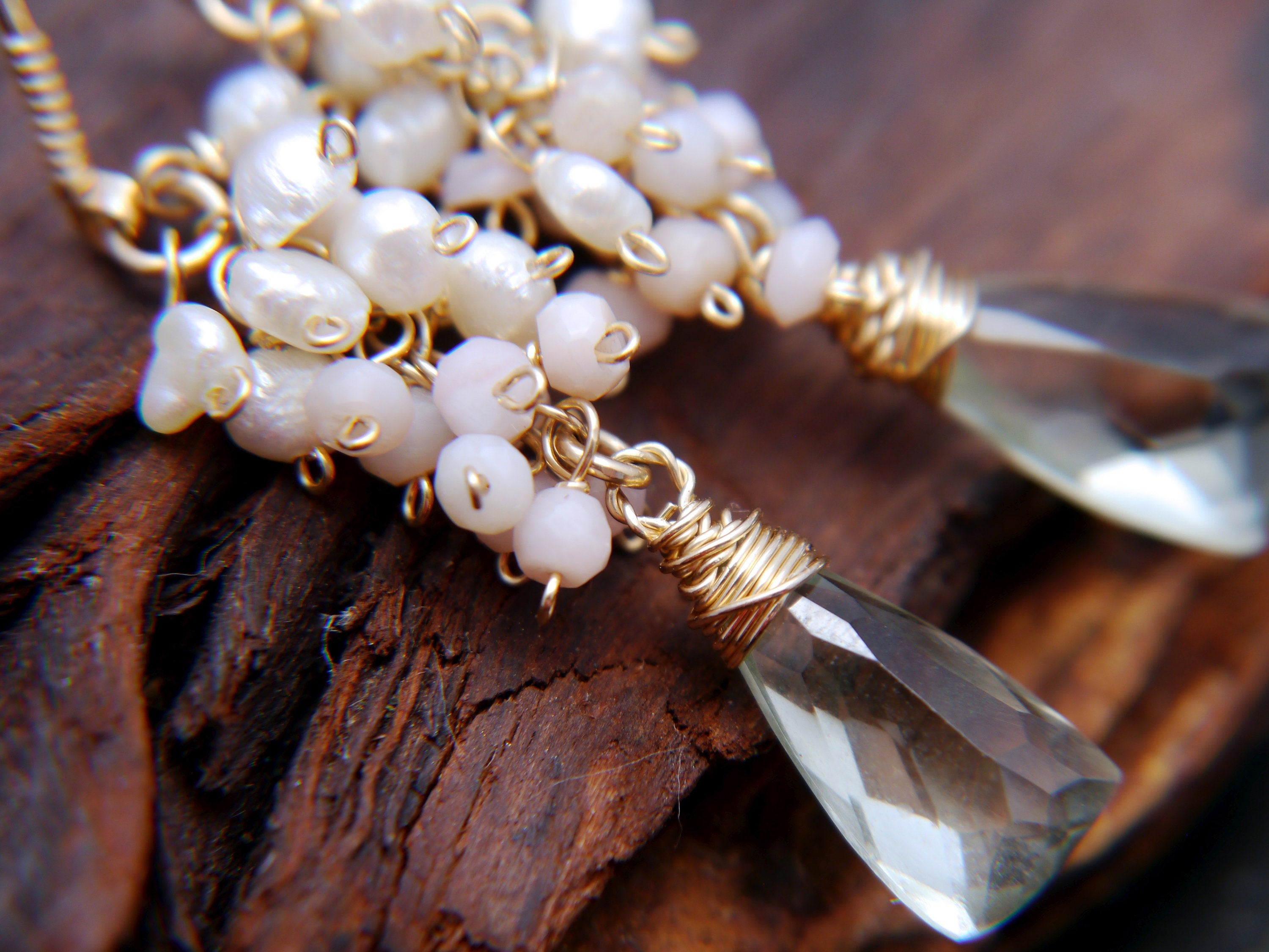 Pearl Pink Opal Green Amethyst Floral Gemstone Earrings, 14K Gold Filled Bohemian Jewelry