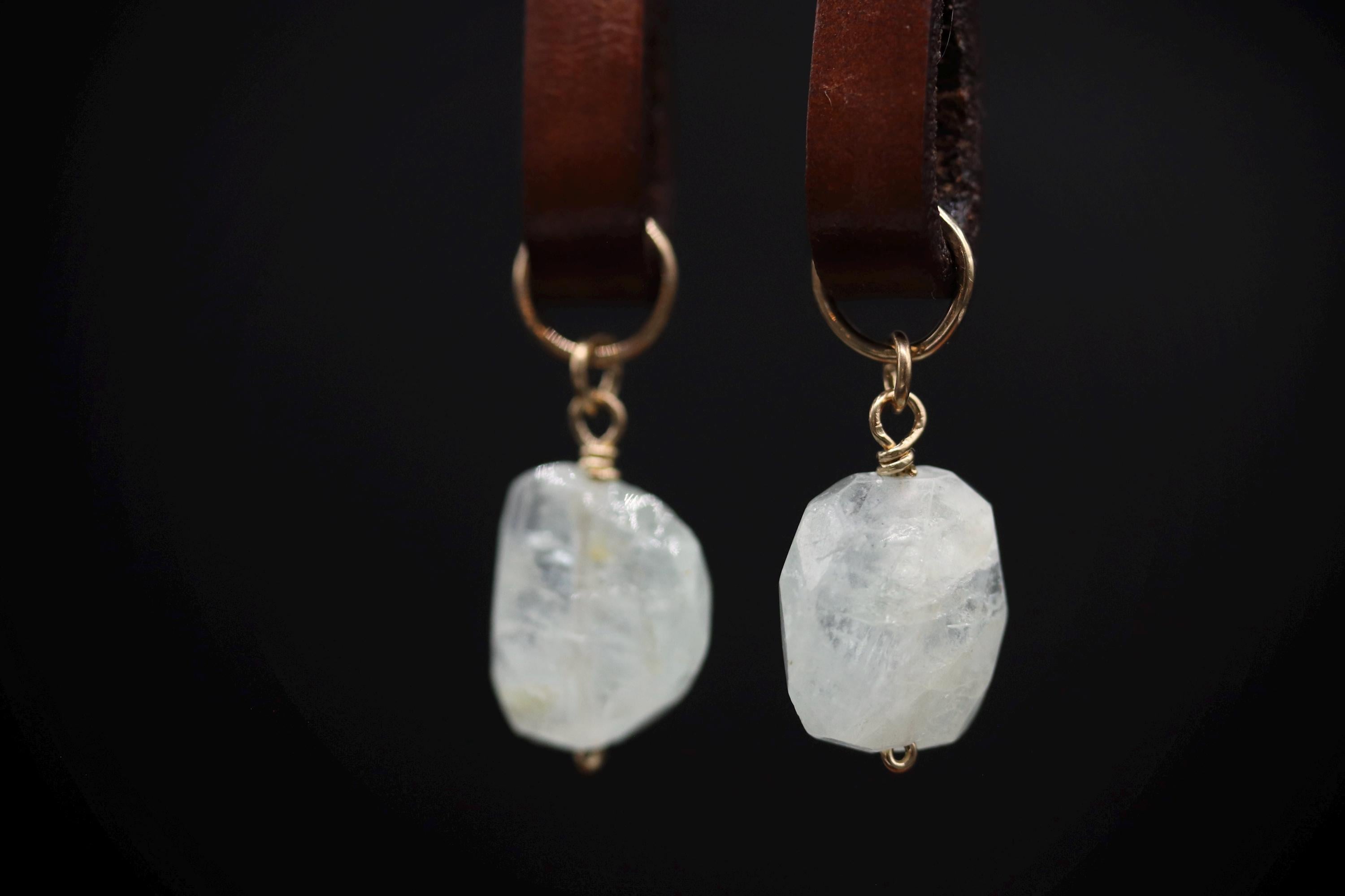 Boho Leather and Raw Cut Aquamarine Dangle Gemstone Earrings, 14K Gold Filled