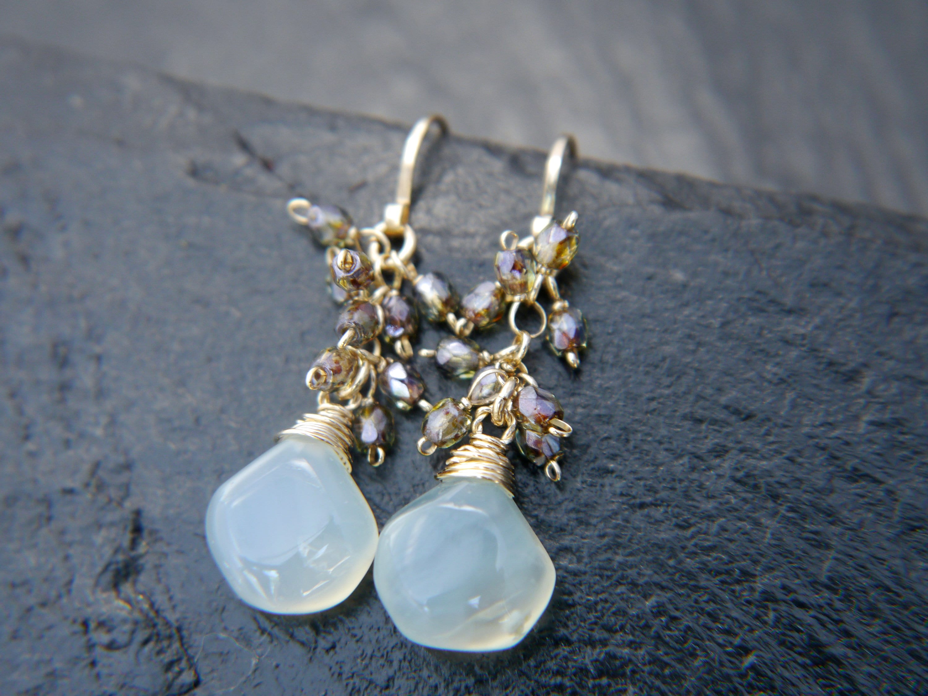 Aqua Chalcedony Cluster Teardrop Gemstone Earrings, 14K Gold Filled Classic Style