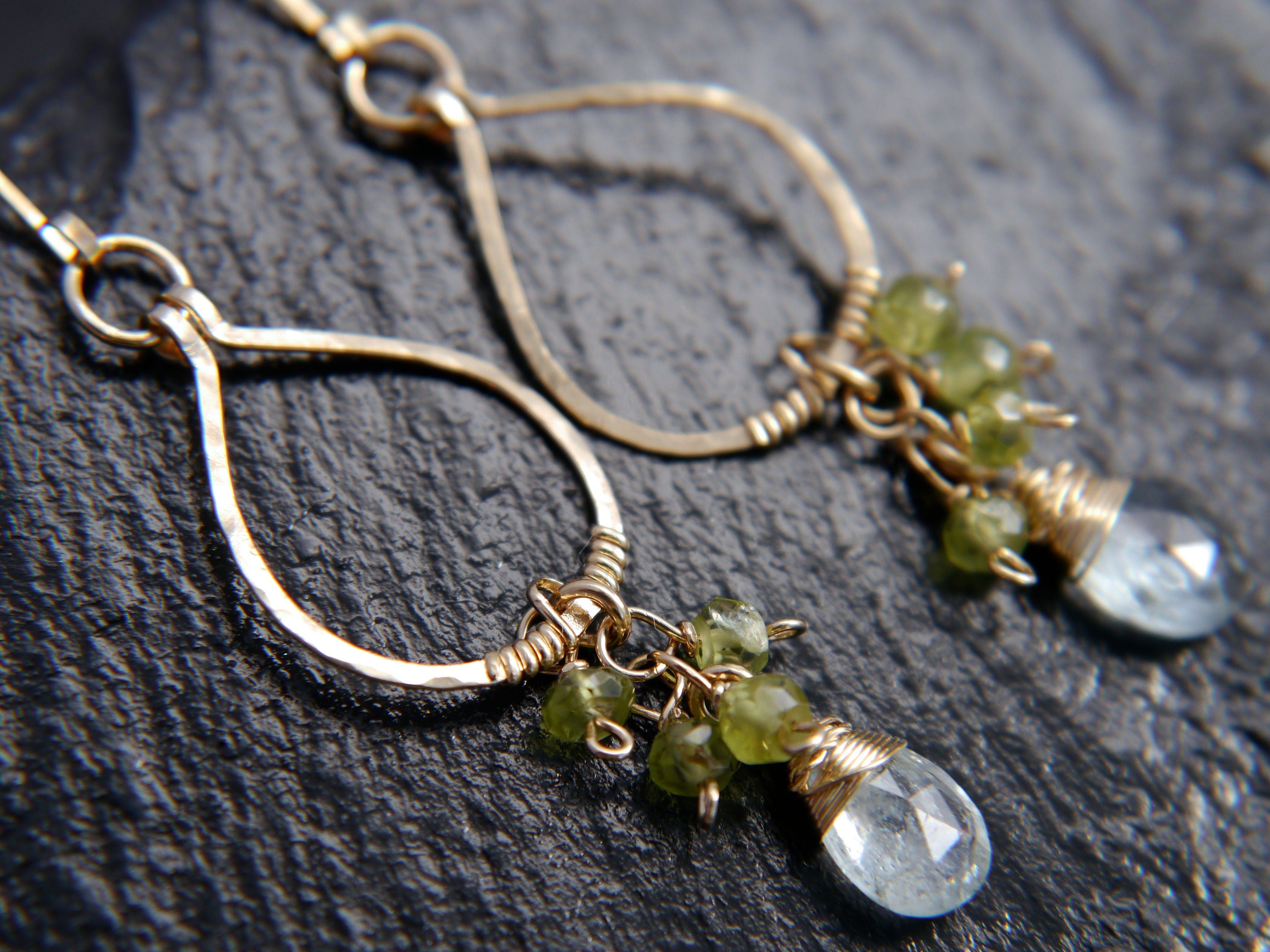 Aquamarine Peridot Chandelier Floral Gemstone Earrings, 14K Gold Filled Bohemian