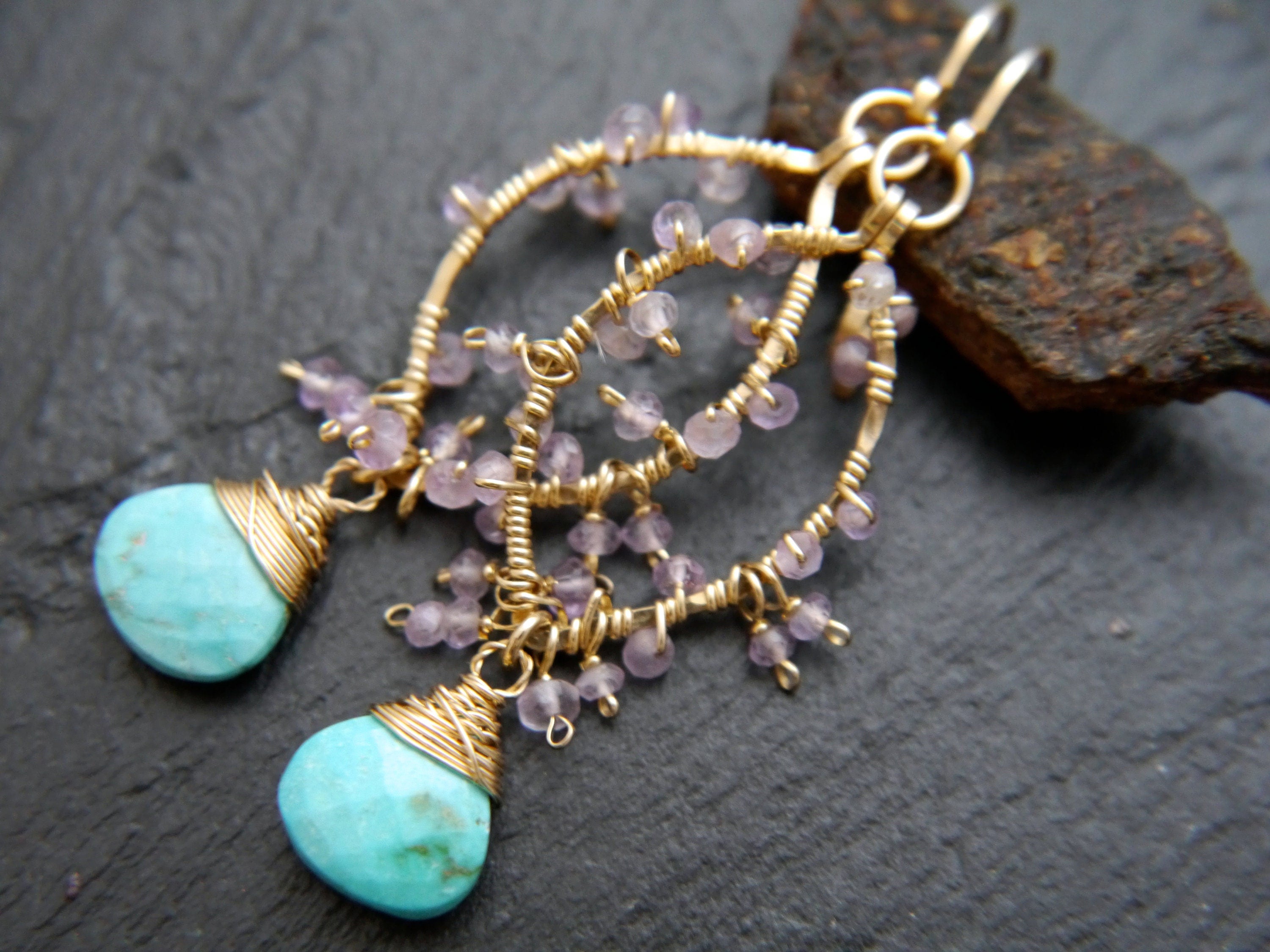 Turquoise Amethyst Floral Gemstone Earrings, 14K Gold Filled Botanical Jewelry