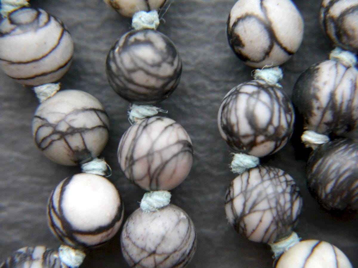 Black Silkstone White Magnesite 108 Mala Beads, Hand Knotted Wrap