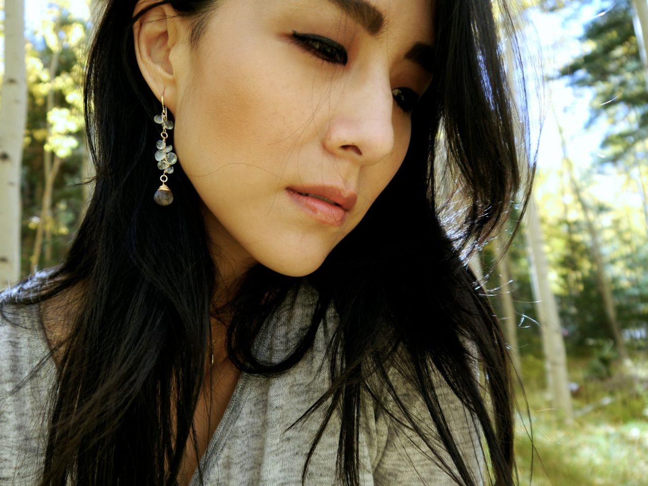 Aquamarine Labradorite Floral Long Dangle Gemstone Earrings, 14K Gold Filled Wedding