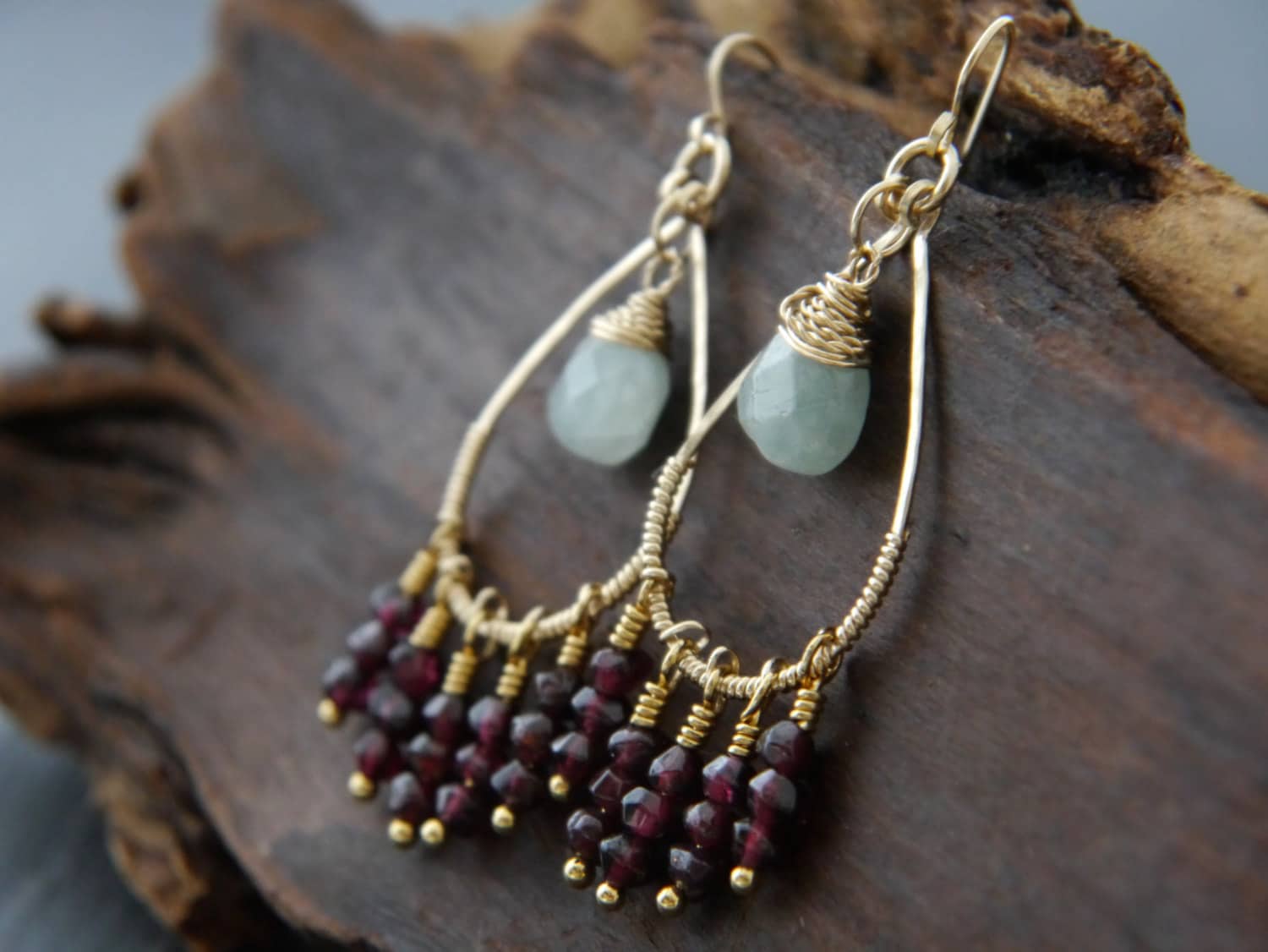 Garnet Aquamarine Art Deco Chandelier Gemstone Earrings, 14K Gold Filled Heirloom