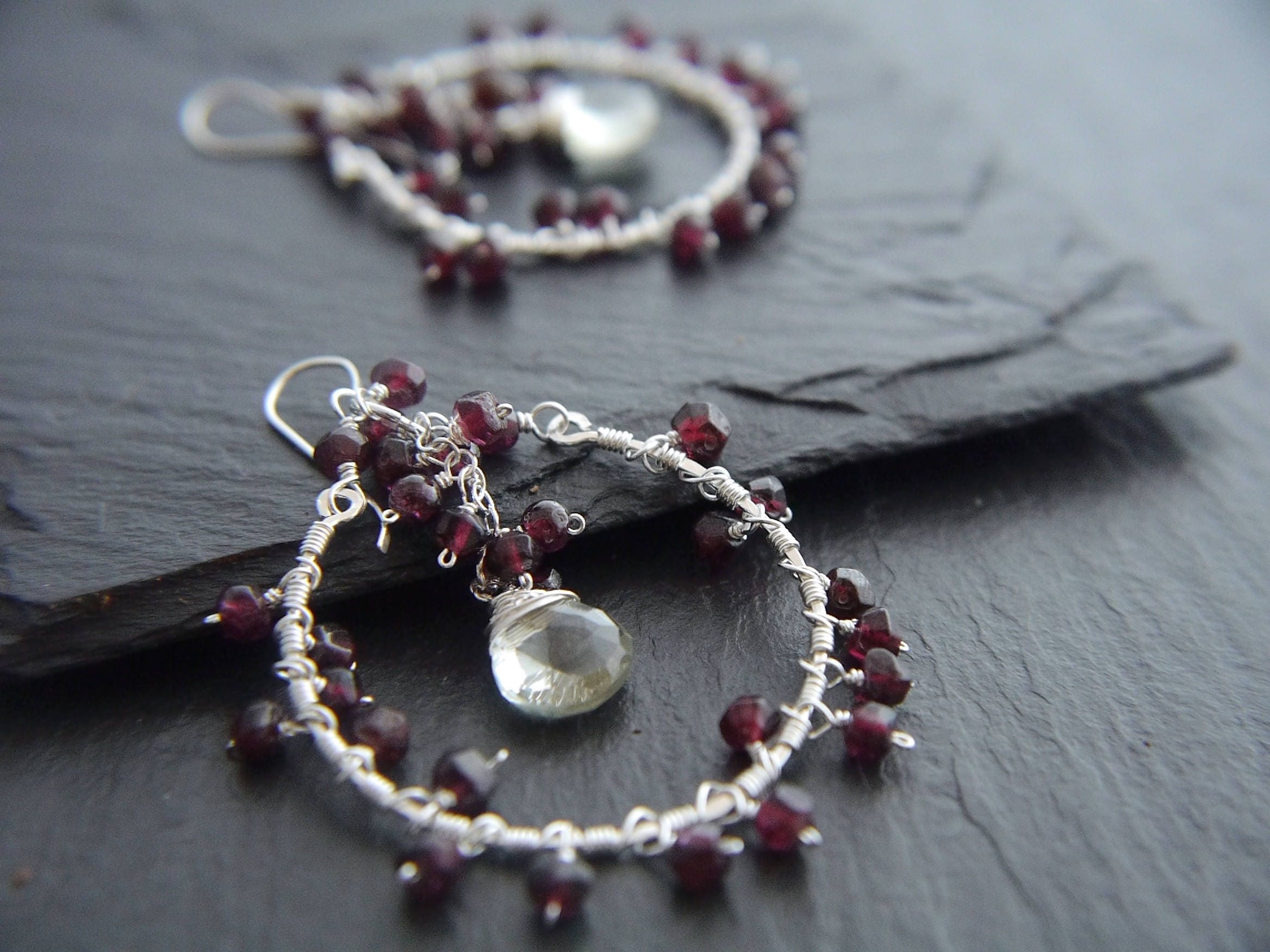 Garnet Chandelier Fringe Hoop Gemstone Earrings, Sterling Silver, Bohemian Style