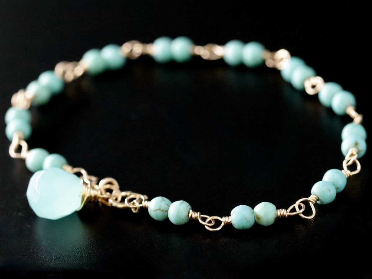 Turquoise Magnesite Aqua Chalcedony Gemstone Bracelet, 14K Gold Filled Rosary Chain, Beading
