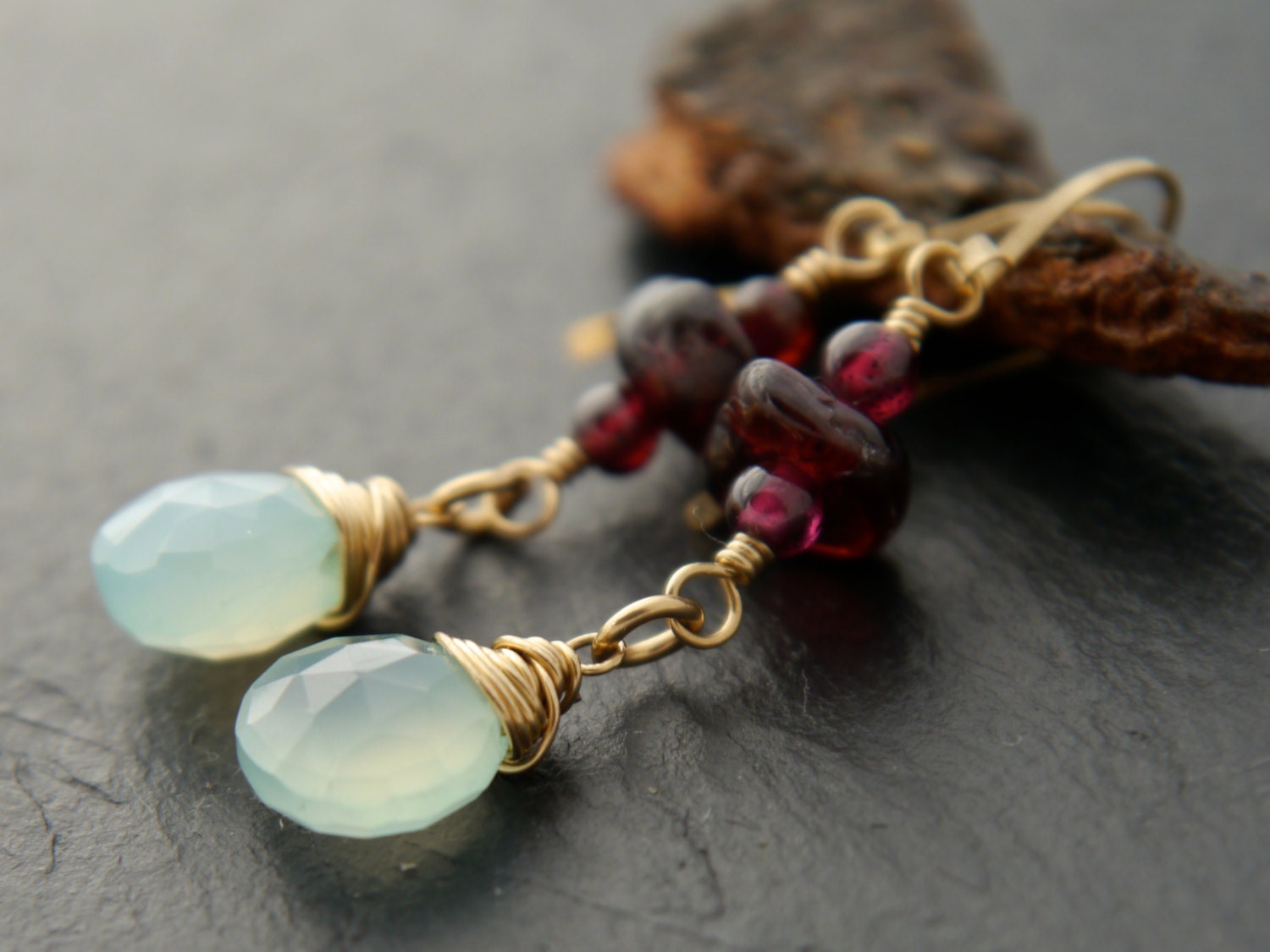 Aqua Chalcedony Heart Briolette Garnet, Gemstone Earrings, 14K Gold Filled Bohemian Jewelry