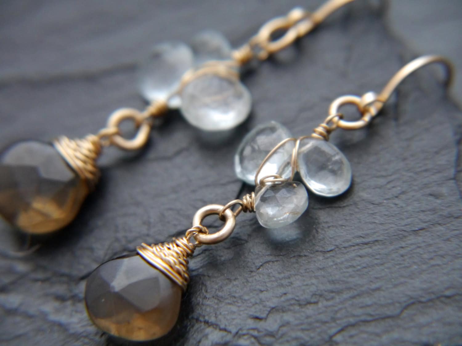 Aquamarine Labradorite Dangle Floral Gemstone Earrings, 14K Gold Filled Wedding