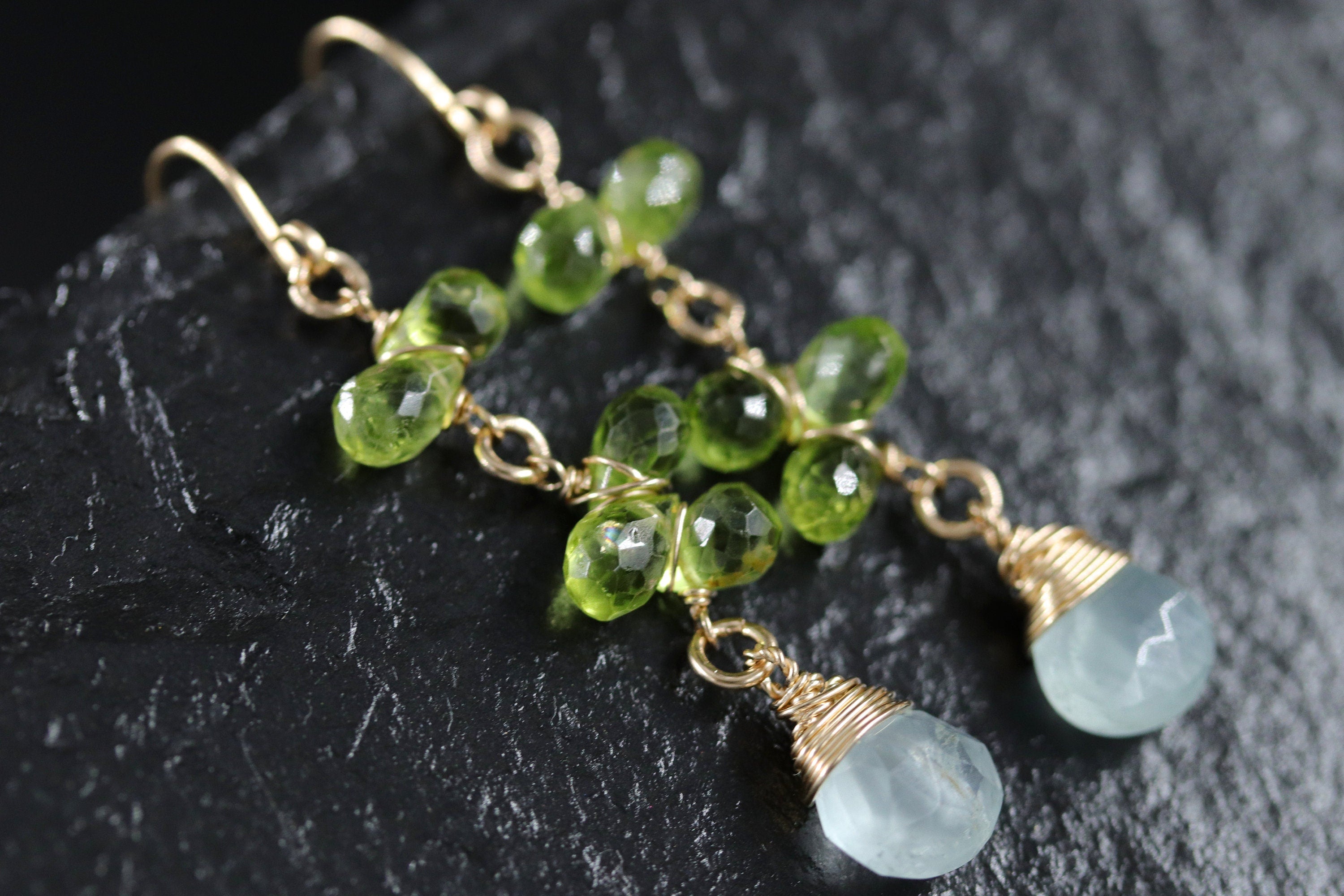 Aquamarine Peridot Dangle Vine Gemstone Earrings, 14K Gold Filled Floral Design