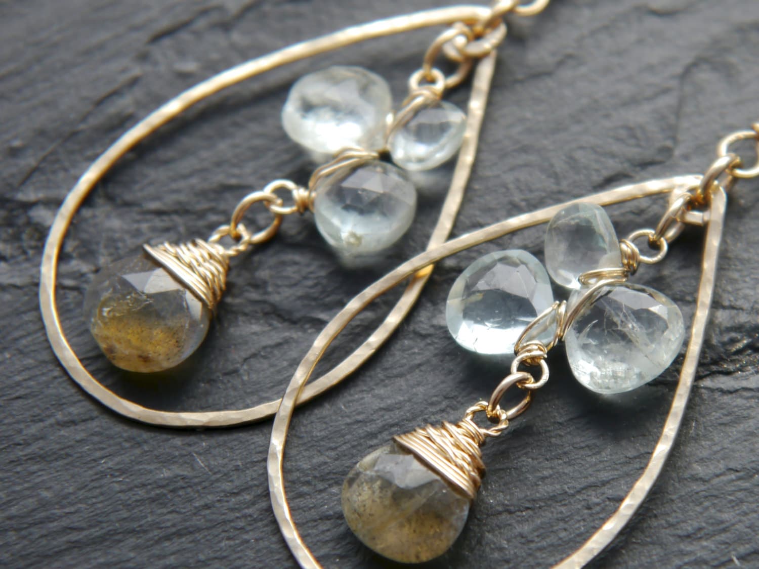 Aquamarine Labradorite Teardrop Floral Hoop Gemstone Earrings, 14K Gold Filled Bridal
