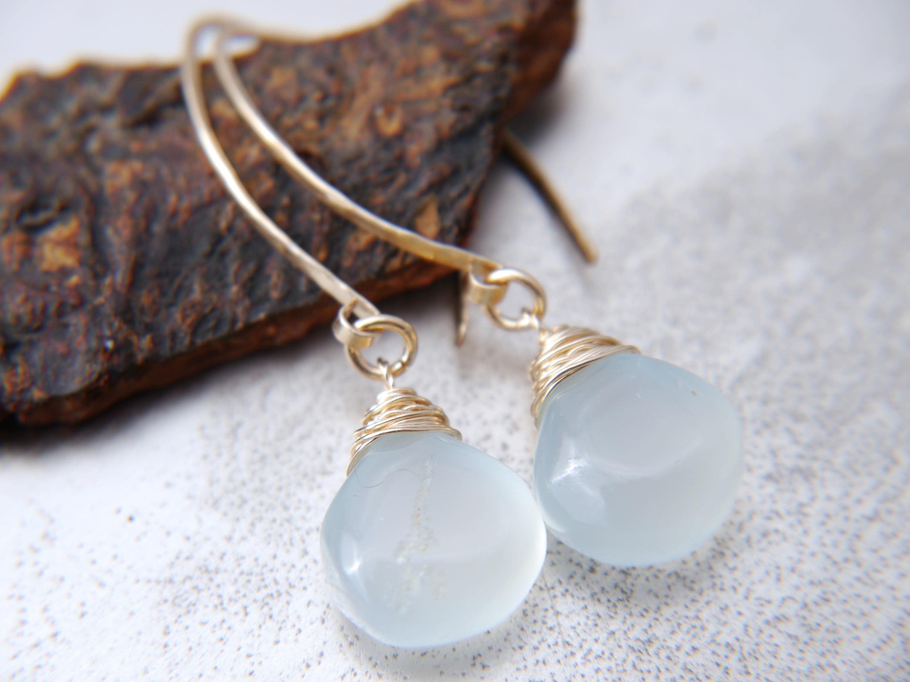 Aqua Chalcedony Heart Briolette Gemstone Earrings, 14K Gold Filled Hoops Dainty