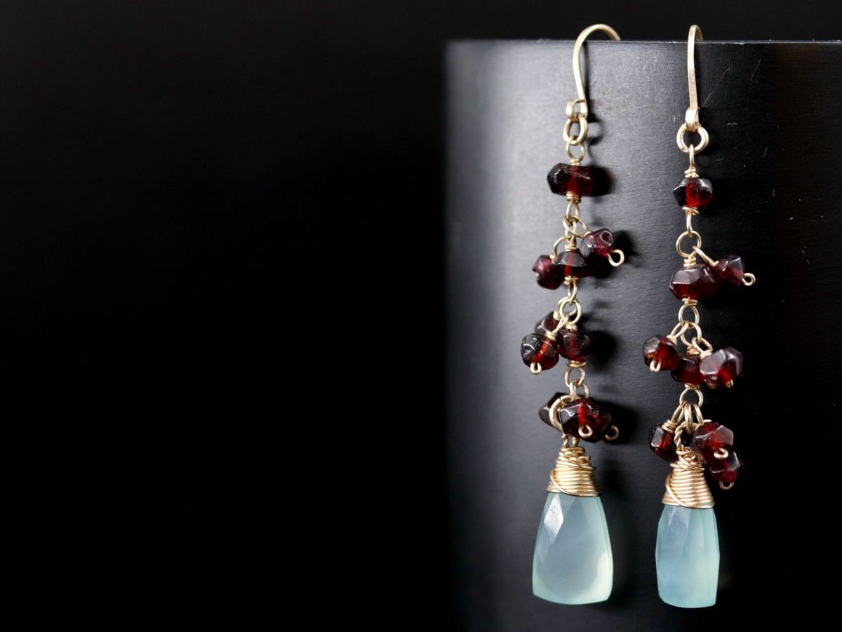 Garnet Aqua Chalcedony Briolette Dangle, Gemstone Earrings, 14K Gold Filled Boho Jewelry