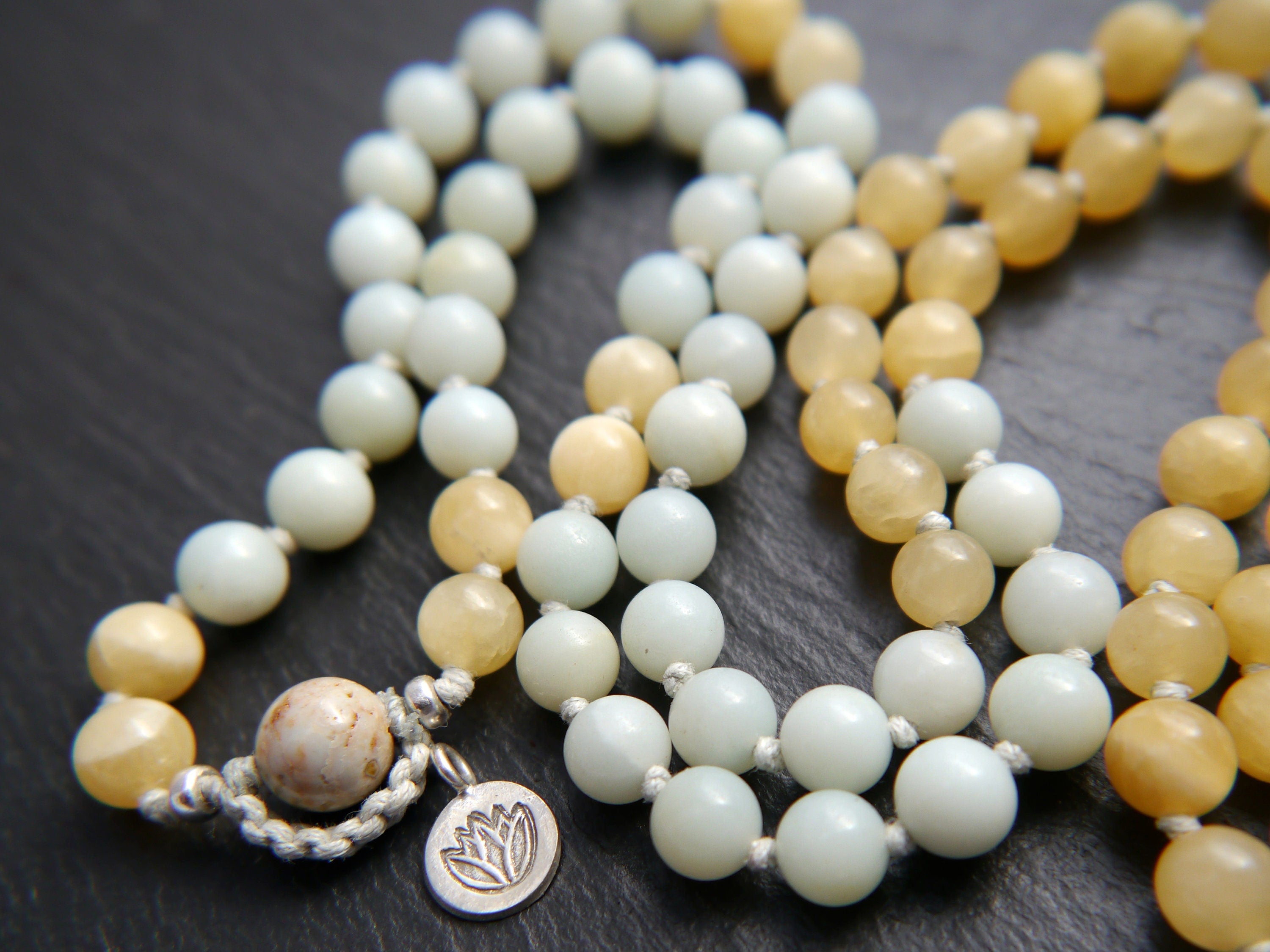 Blue Amazonite Yellow Quartz Mala Beads, 108 Gemstone Beads, Wrap, Hand Knotted