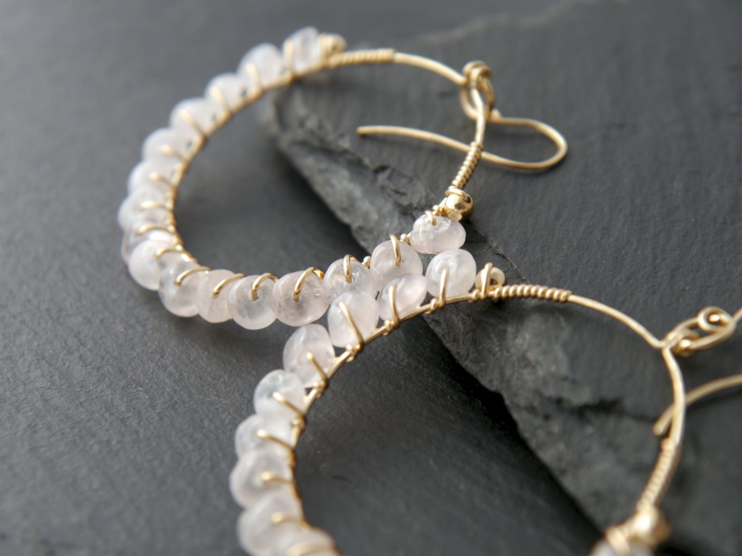 Rose Quartz Hoop Dangle Gemstone Earrings, 14K Gold Filled Jewelry Boho