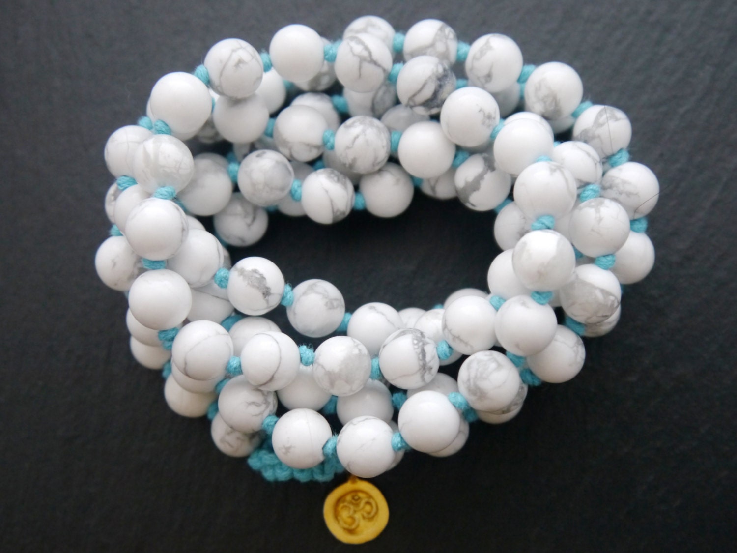 White Howlite Mala Beads, 108 Gemstone Beads, Wrap, Hand Knotted