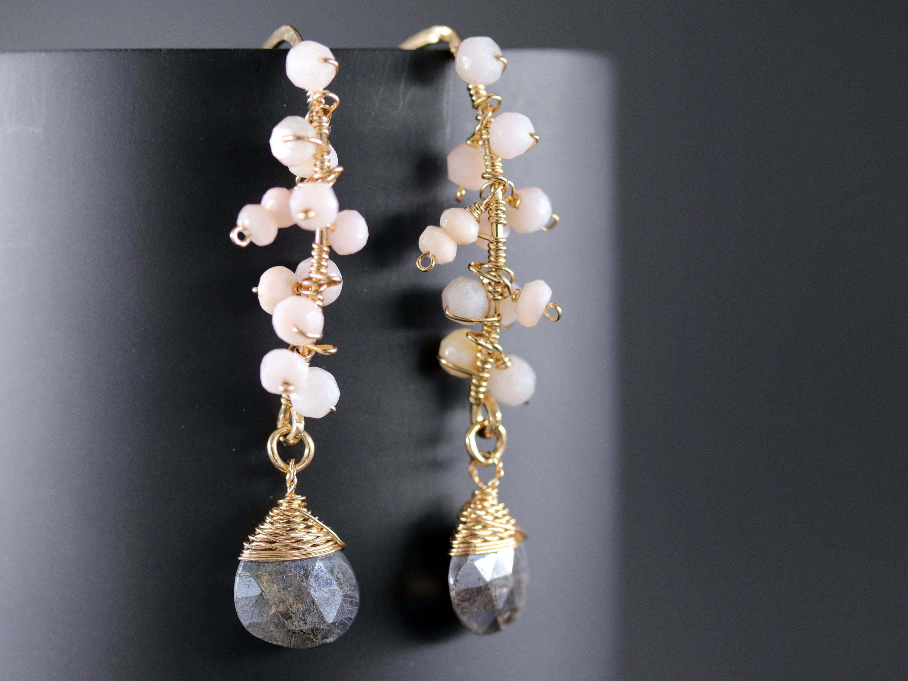 Labradorite Pink Opal Floral Hoop Gemstone Earrings, 14K Gold Filled Bohemian Jewelry